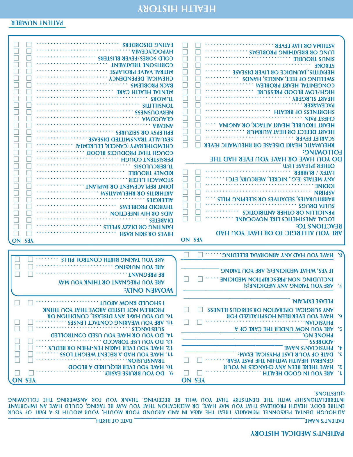 Health History Charting form Process Blue 8‐1/2" 11" 2‐hole punched top and bottom (100/PK)
