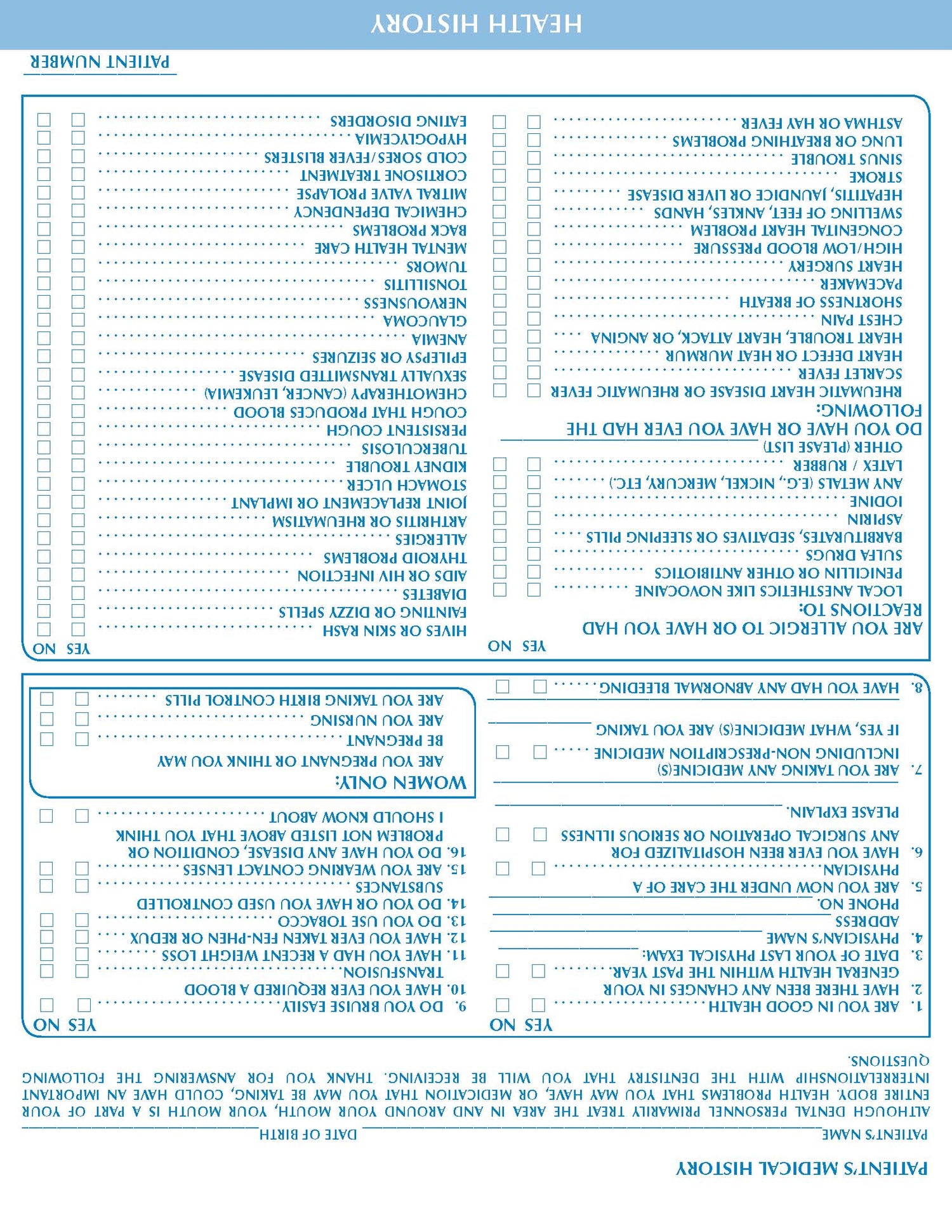 Health History Charting form Process Blue 8‐1/2" 11" 2‐hole punched top and bottom (100/PK)