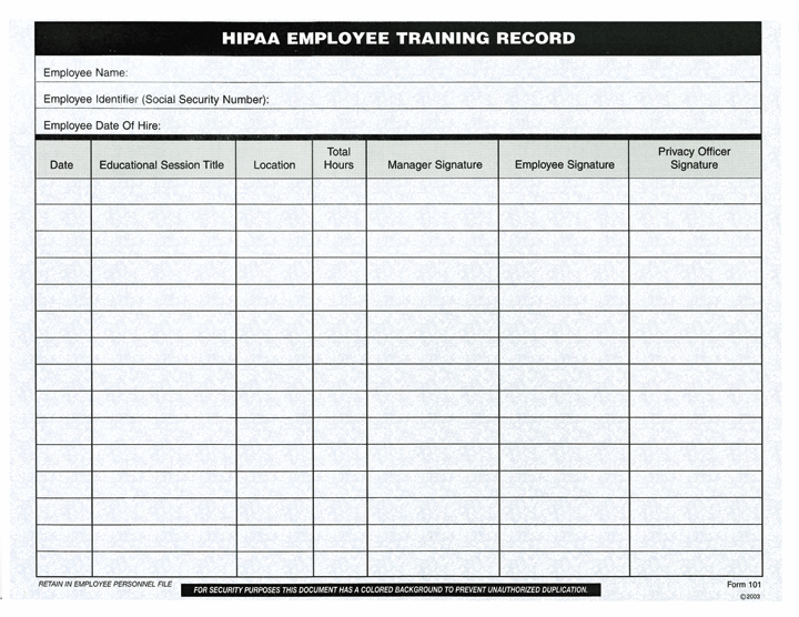 HIPAA Employee Training Record (25/Pack)