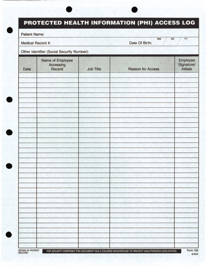 PHI Access Log (250/Pack)