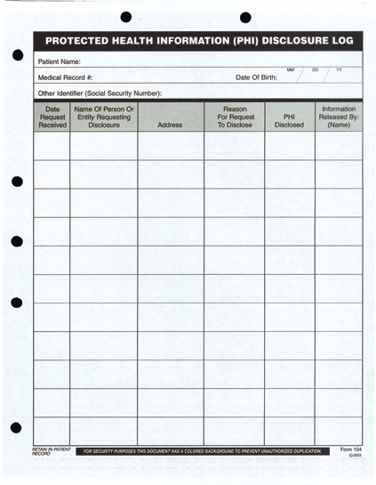 PHI Disclosure Log (250/Pack)