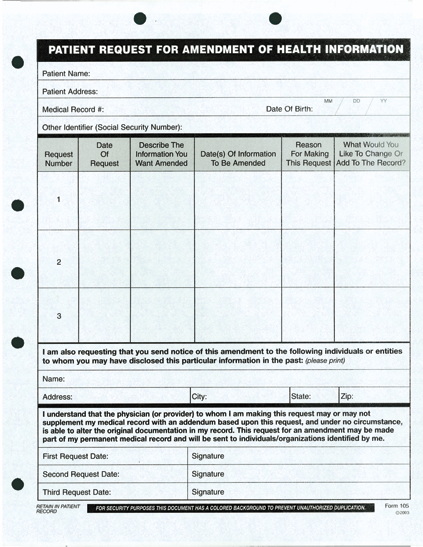 Patient Request for Amendment of Health Information (100/Pack)