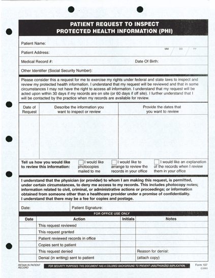 Patient Request to Inspect/Review PHI (100/PK)