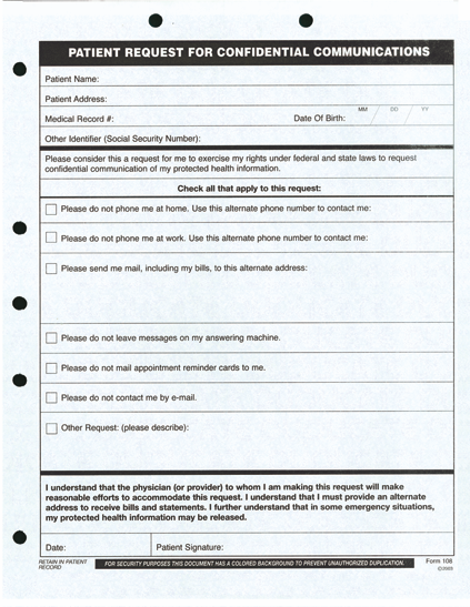 Patient Request for Confidential Communications (100/Pack)
