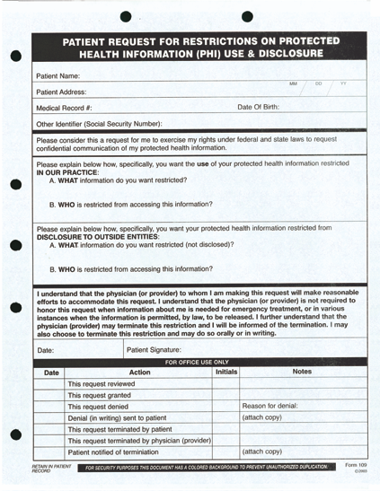 Patient Request for Restrictions on Use and Disclosure of PHI (100/Pack)