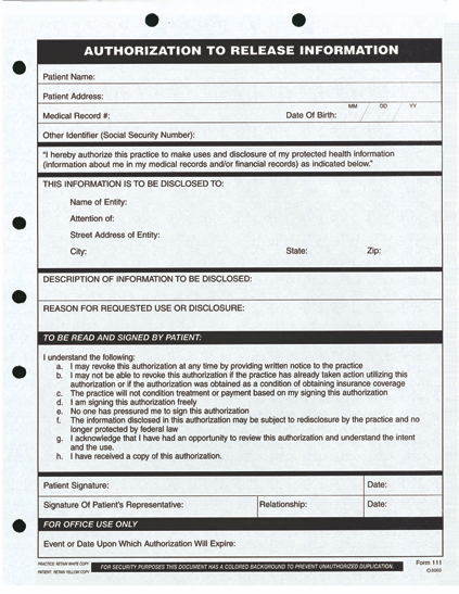 Authorization to Release Information (100/Pack)