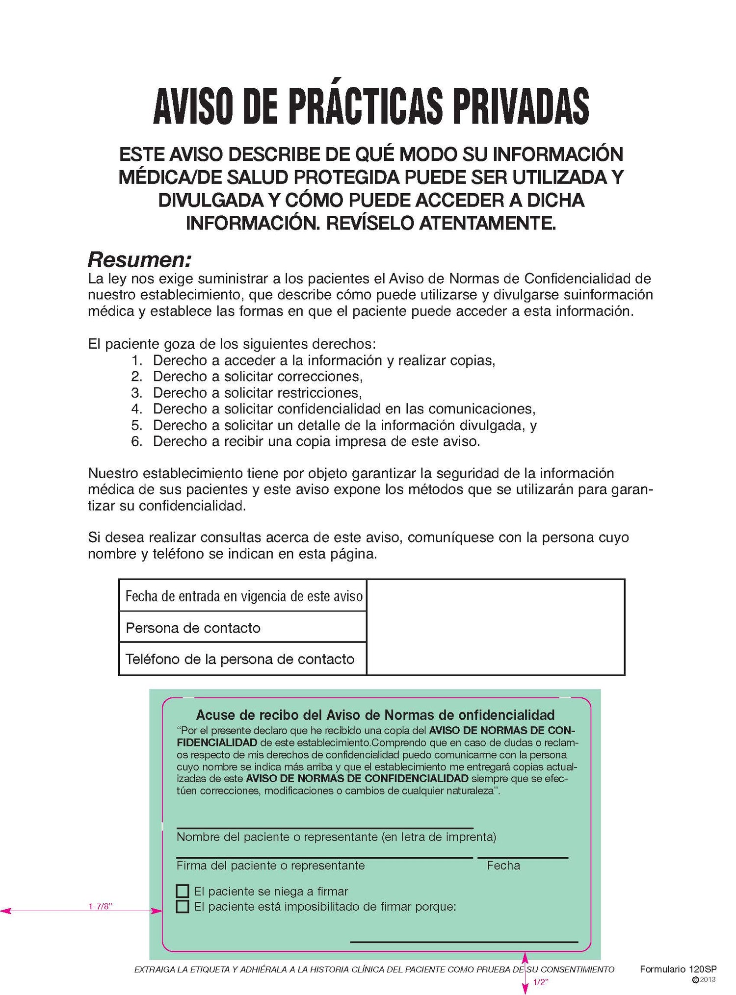 Notice of Privacy Practices Spanish (250/Pack)