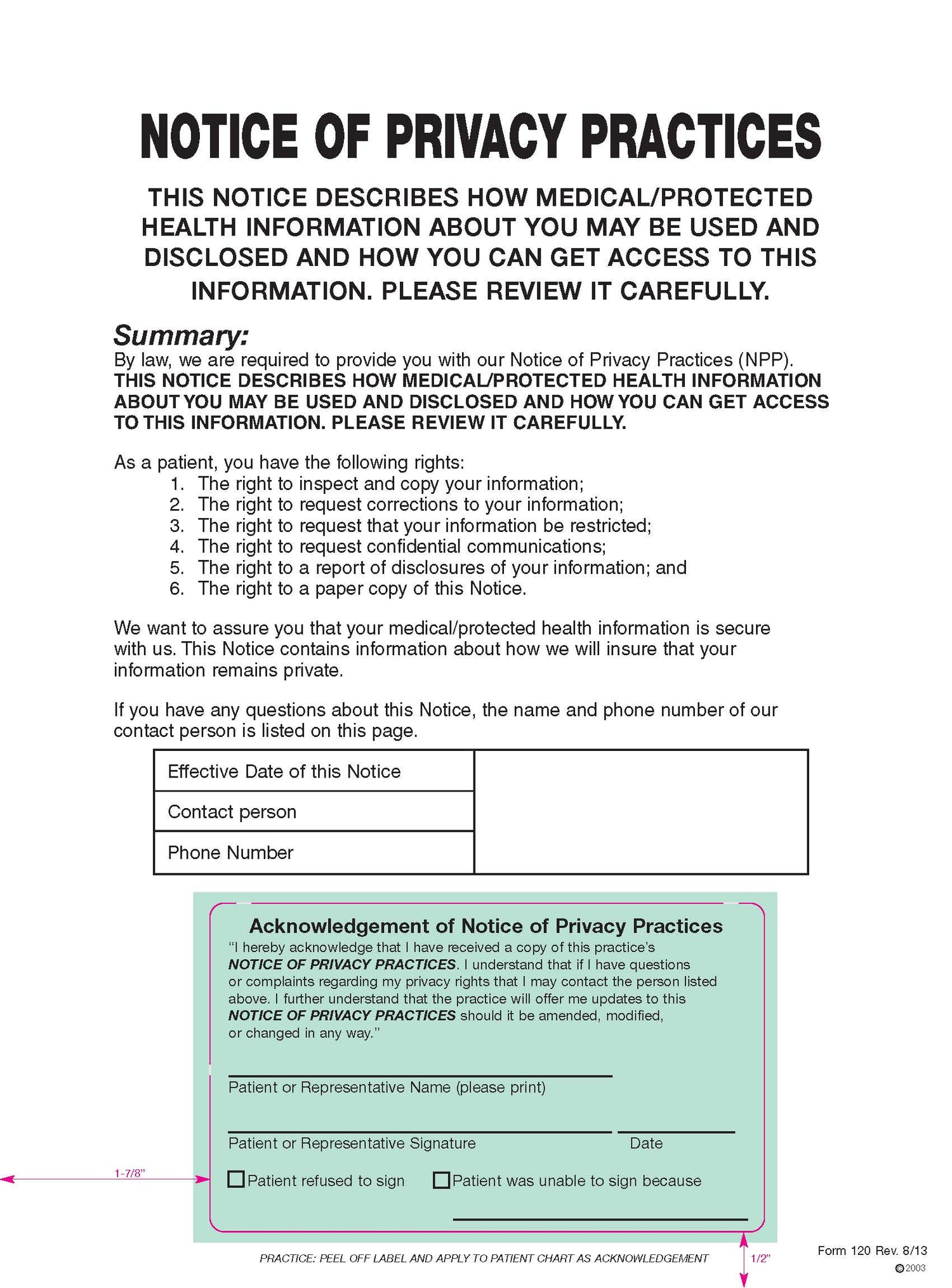 Notice of Privacy Practices English (250/Pack)