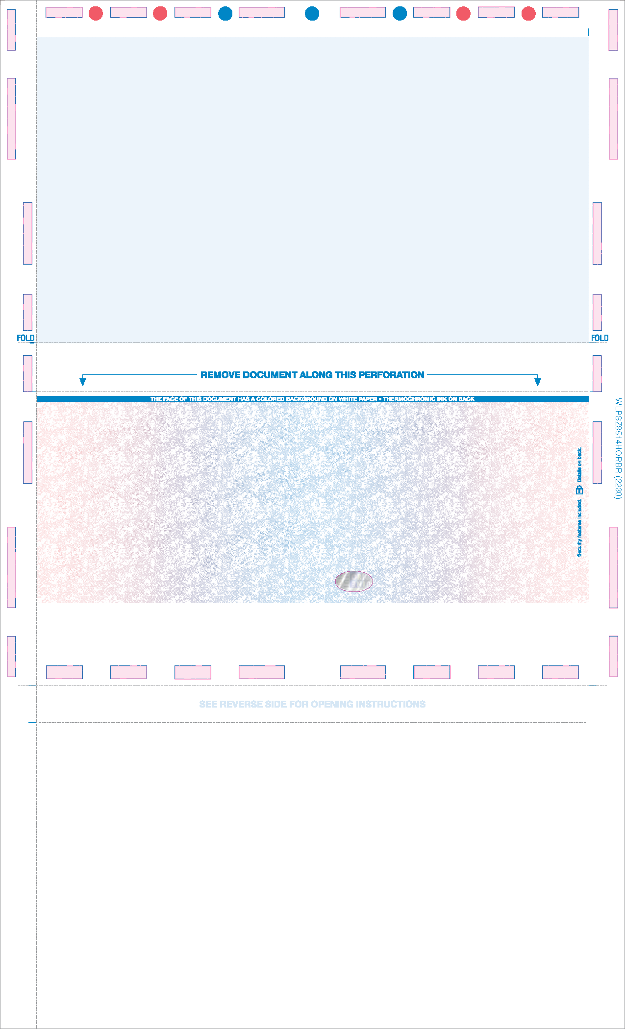 Check, Stock, Blank, Two Blockouts, Hologram 28# 8-1/2" x 14" Eccentric Z-Fold EZ-Fold. Front