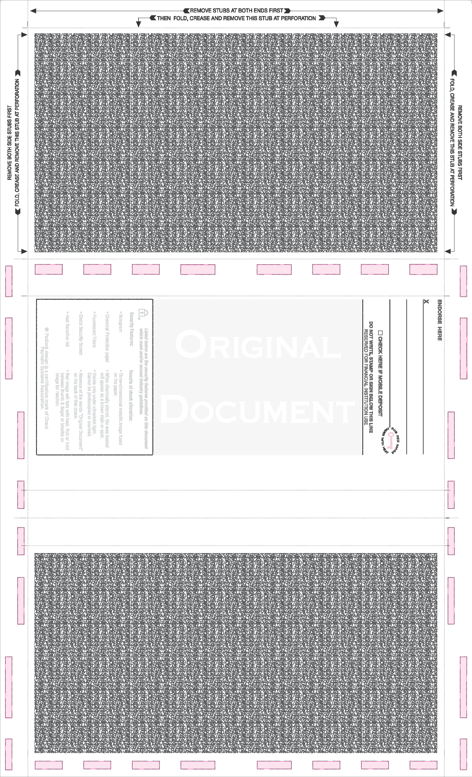 Check, Stock, Blank, Two Blockouts, Hologram 28# 8-1/2" x 14" Eccentric Z-Fold EZ-Fold. Back