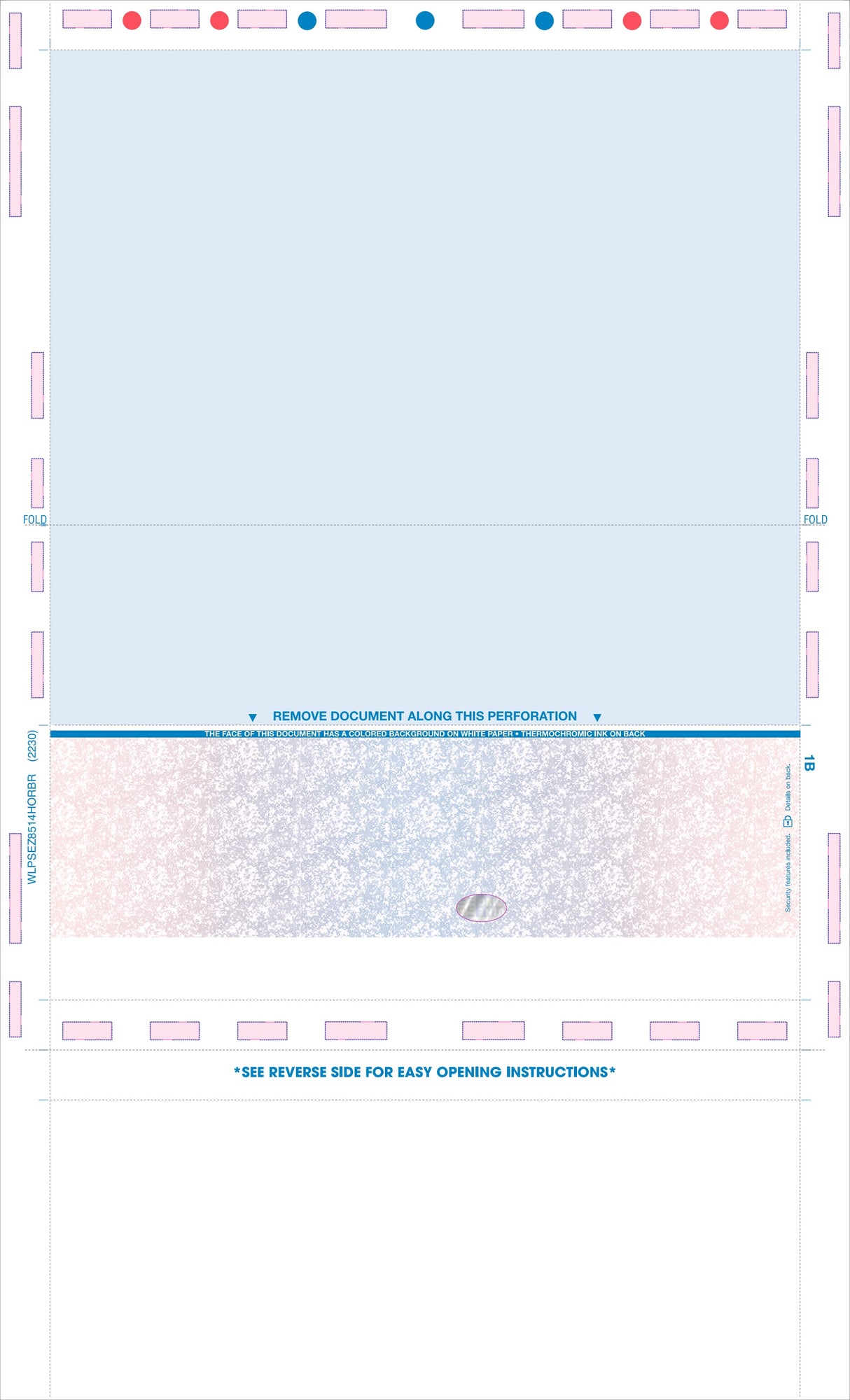 Blank Check with Backer, Two Blockouts and Hologram – Red / Blue / Red EZ-Fold Blank Pressure Seal Checks – 8½ × 14