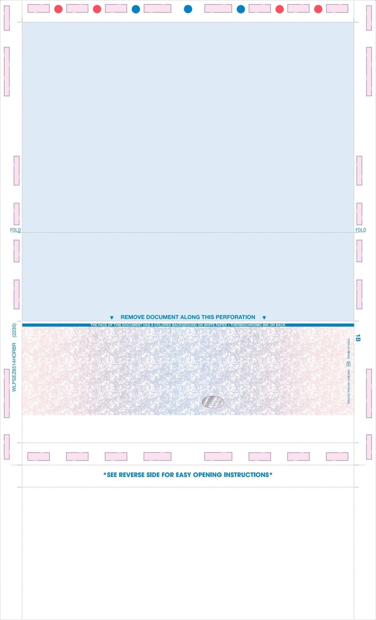 Blank Check with Backer, Two Blockouts and Hologram – Red / Blue / Red EZ-Fold Blank Pressure Seal Checks – 8½ × 14