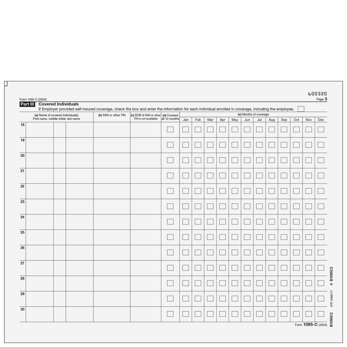 Form 1095-C - Employer Provided Health Insurance Offer and Coverage (Covered Individuals) - 25 Qty