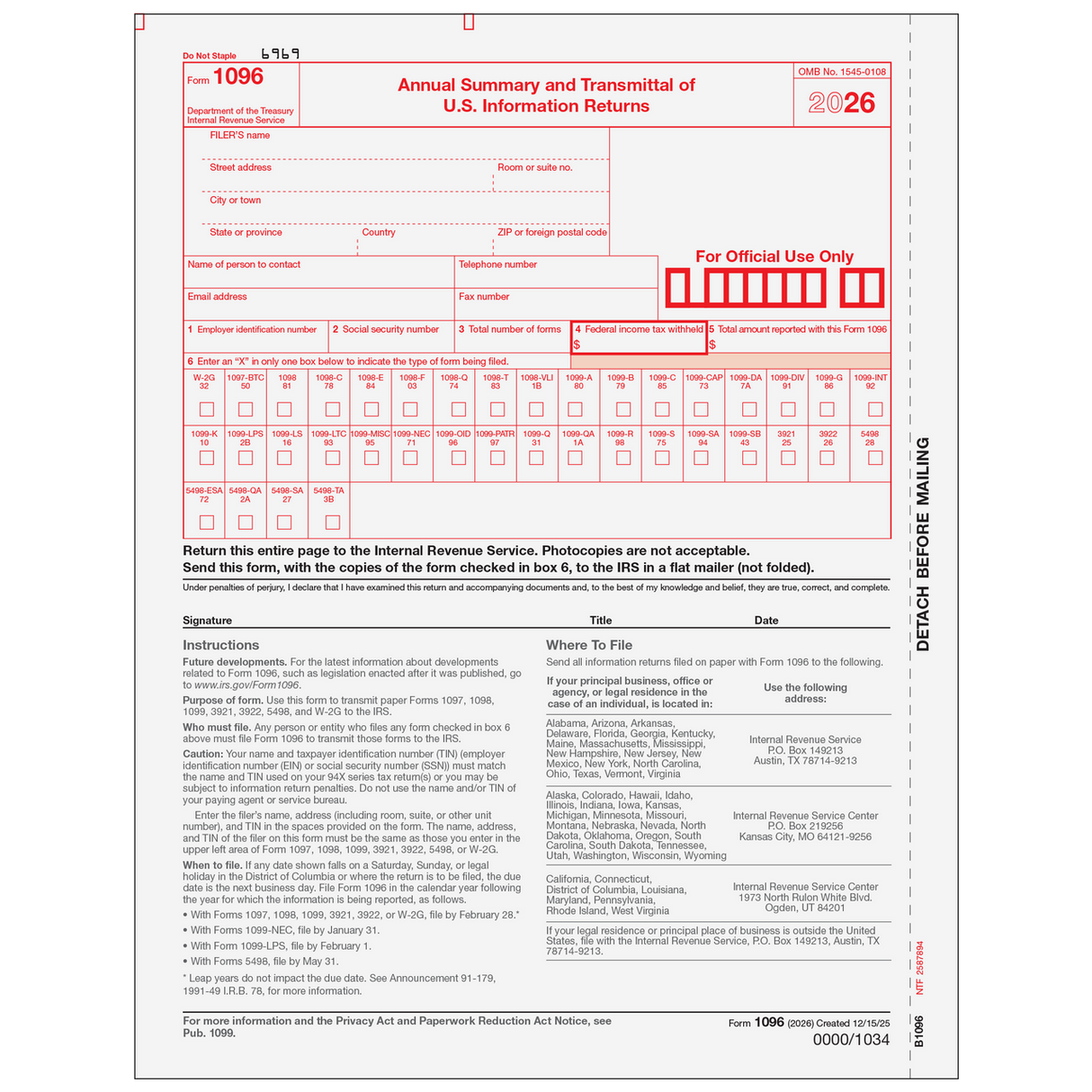 Form 1096 Transmittal Summary