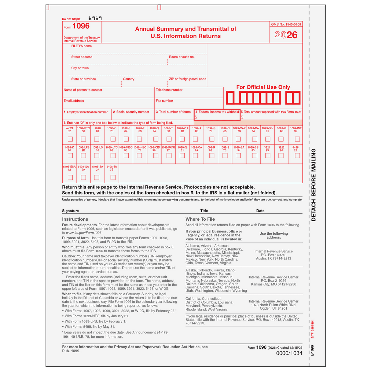 Form 1096 Transmittal Summary