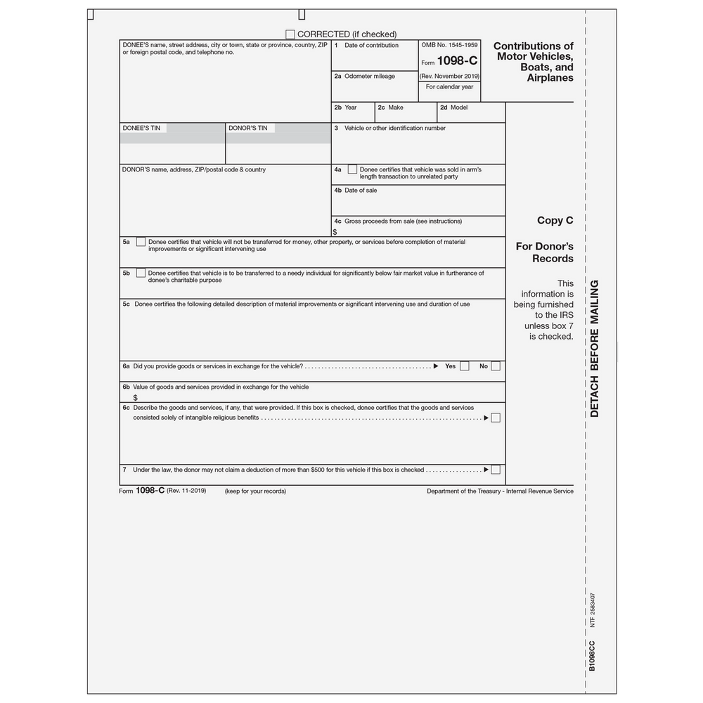 Form 1098-C - Contributions of Motor Vehicles, Boats, and Airplanes - Copy C Donor's Records - 25 Qty