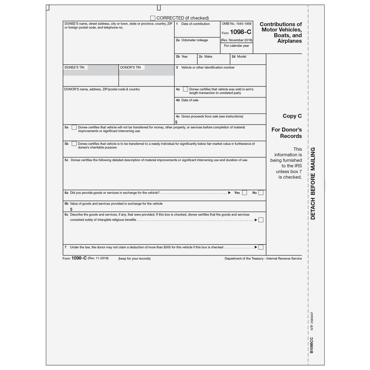 Form 1098-C - Contributions of Motor Vehicles, Boats, and Airplanes - Copy C Donor's Records - 25 Qty