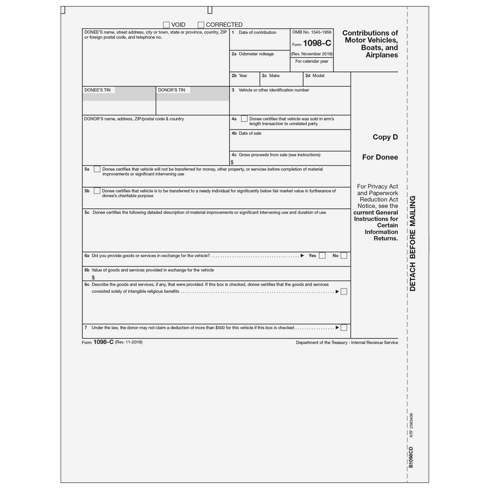 Form 1098-C - Contributions of Motor Vehicles, Boats, and Airplanes - Copy D Donee - 25 Qty