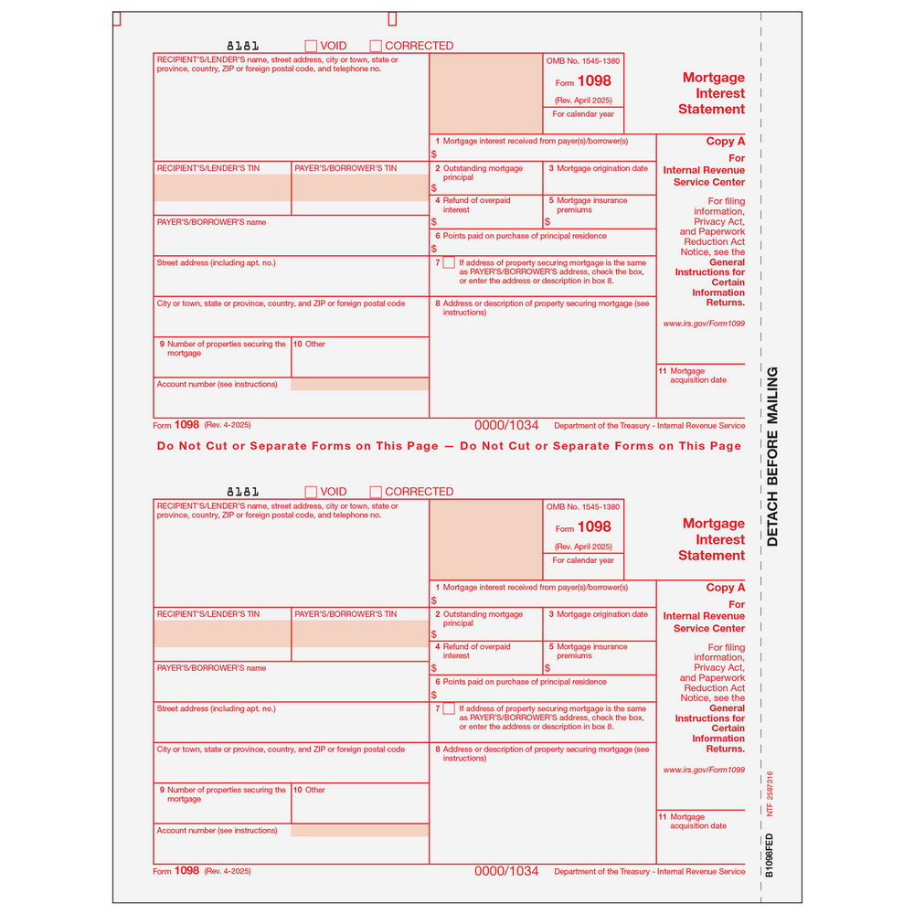 Form 1098 Mortgage Interest Statement - Copy A Federal - 25 Qty