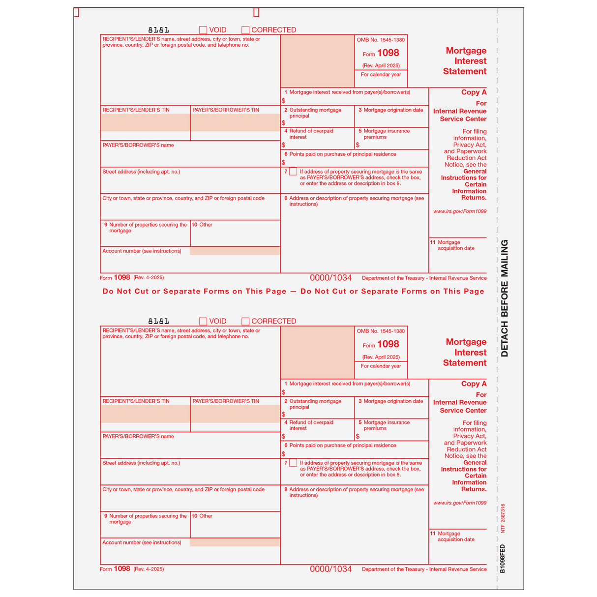 Form 1098 Mortgage Interest Statement - Copy A Federal - 25 Qty