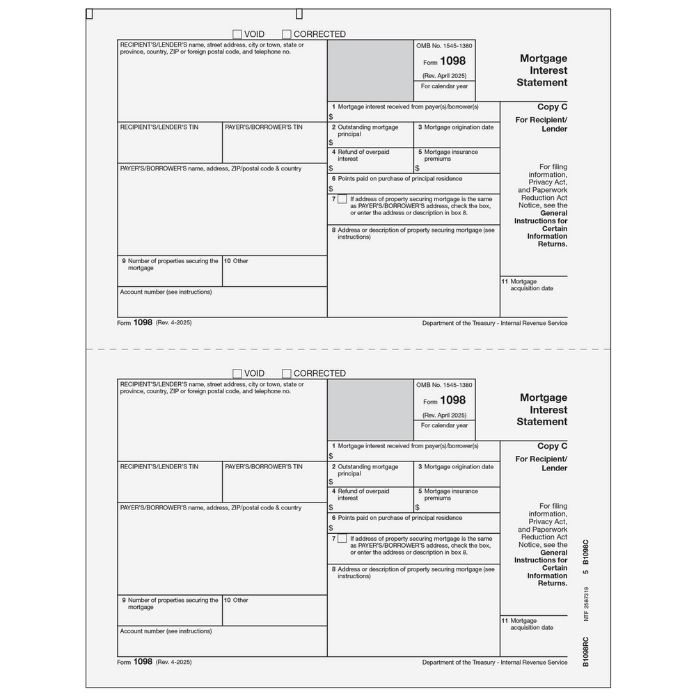 Form 1098 Mortgage Interest Statement - Copy C Recipient/Lender - 25 Qty