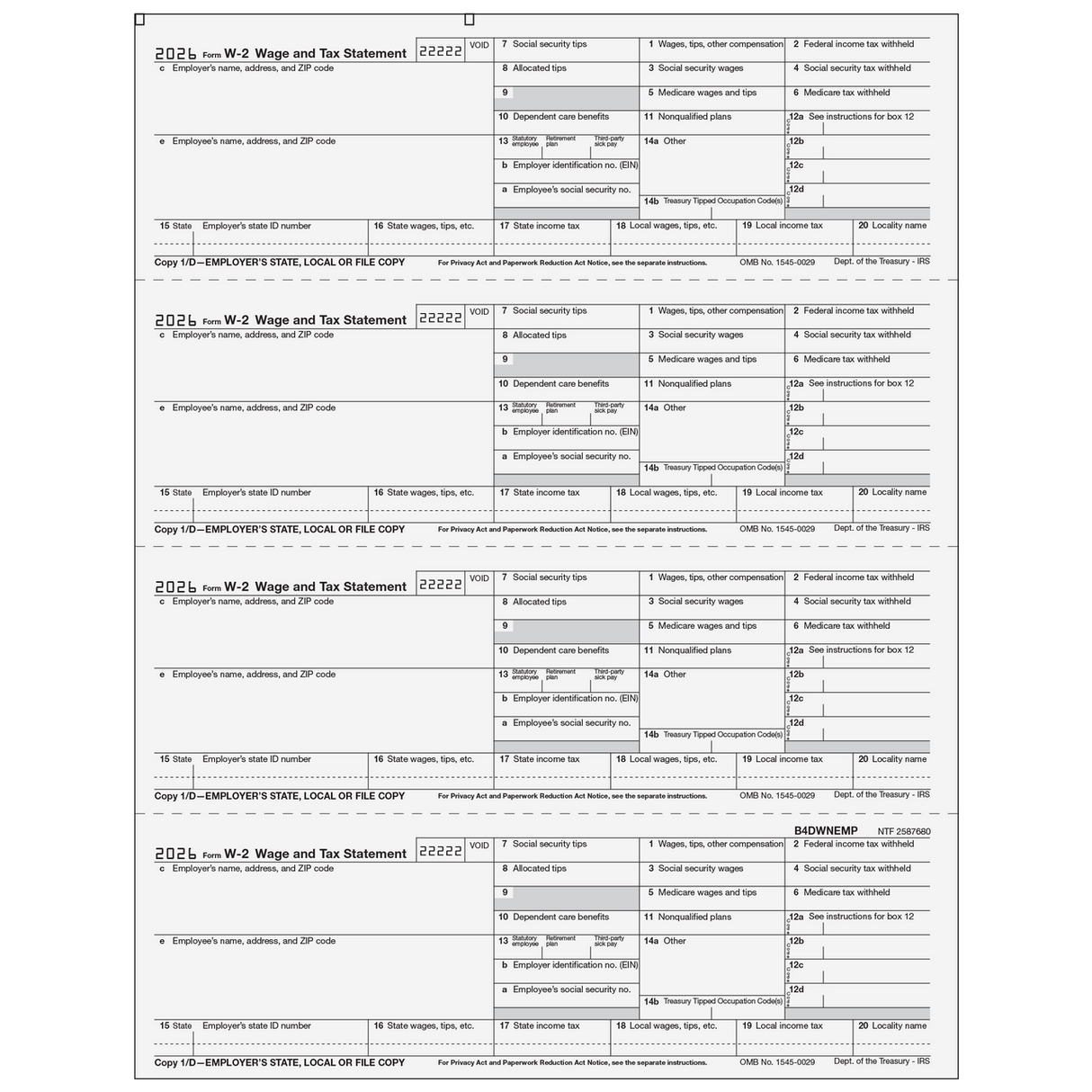2026 W-2 Employer 4-Up Horizontal Copies 1/D Preprinted Laser Forms