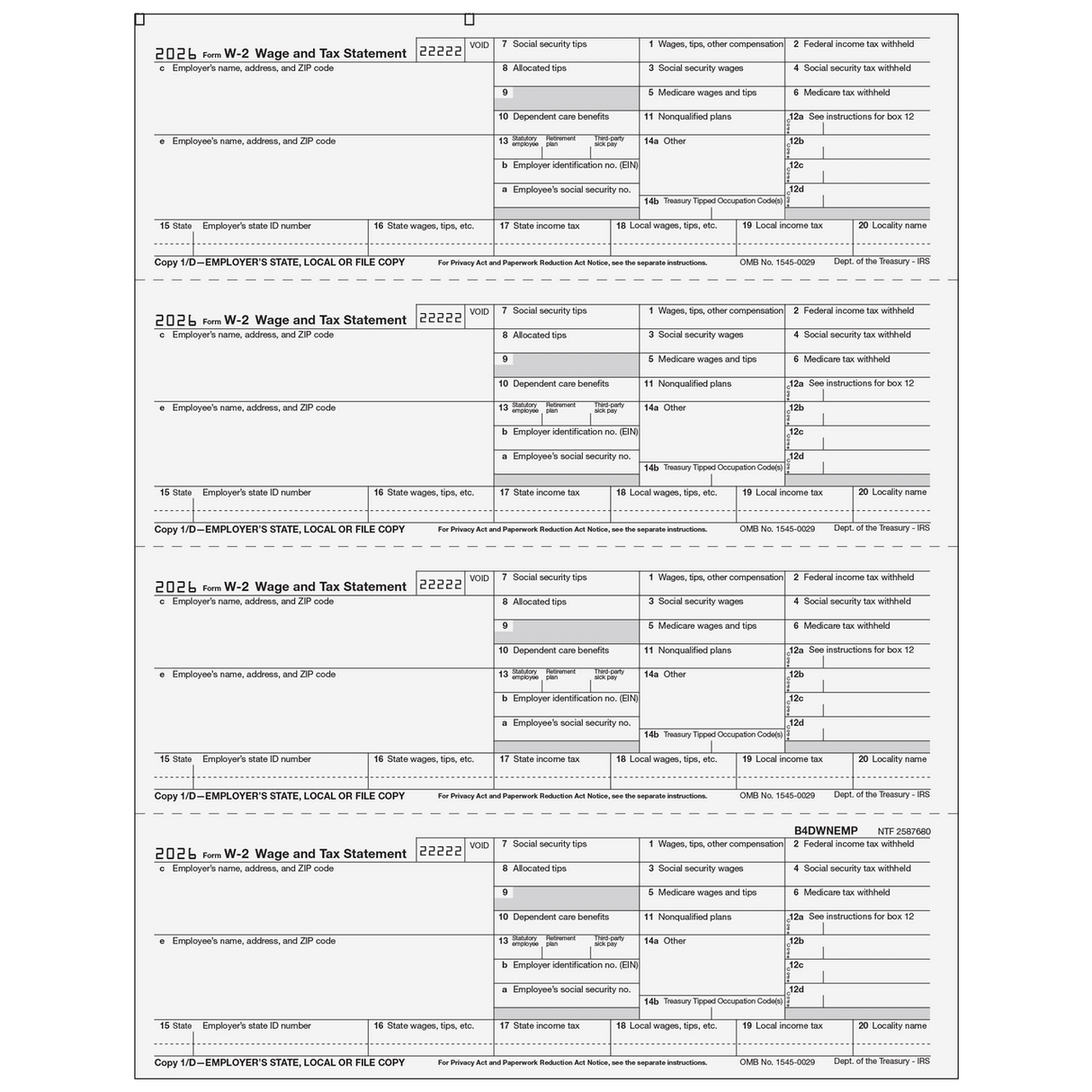 2026 W-2 Employer 4-Up Horizontal Copies 1/D Preprinted Laser Forms