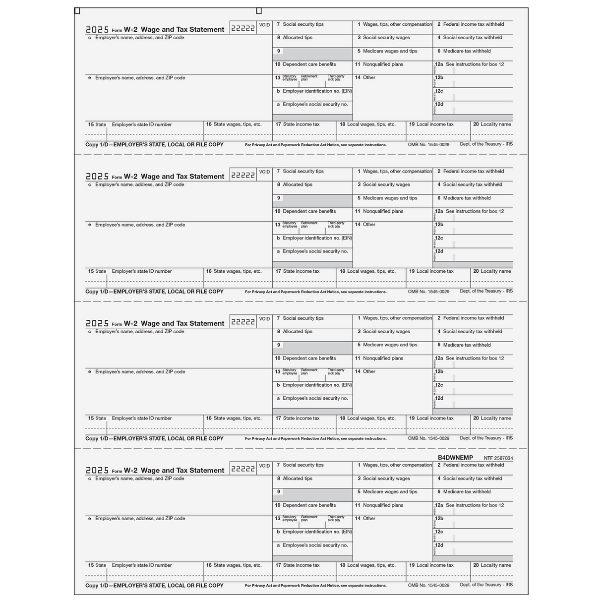 W-2 Employer State, City or Local, Copy 1/D - 4up Horizontal - 25 Qty