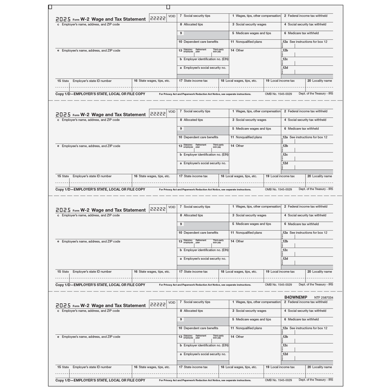 W-2 Employer State, City or Local, Copy 1/D - 4up Horizontal - 25 Qty