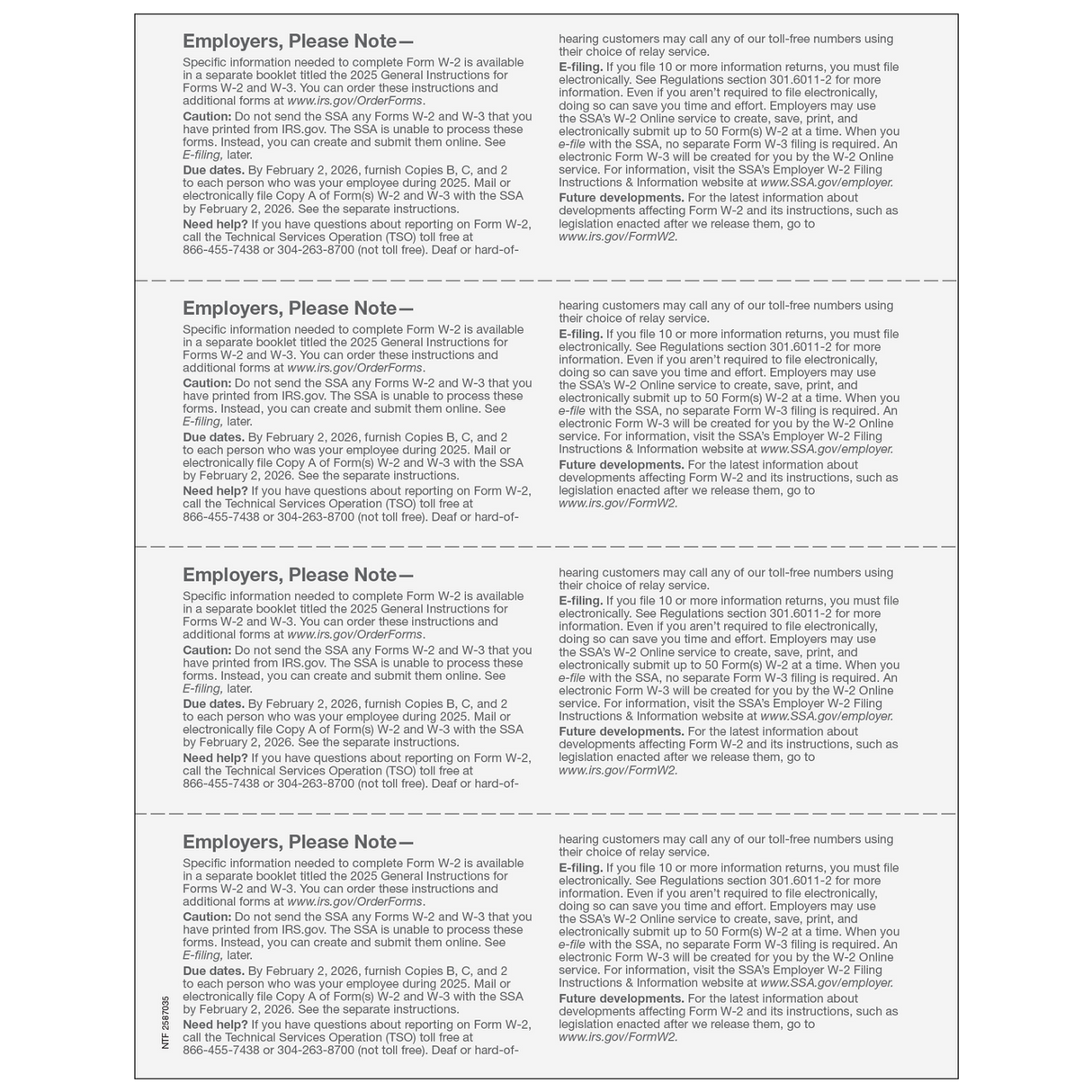 W-2 Employer State, City or Local, Copy 1/D - 4up Horizontal - 25 Qty