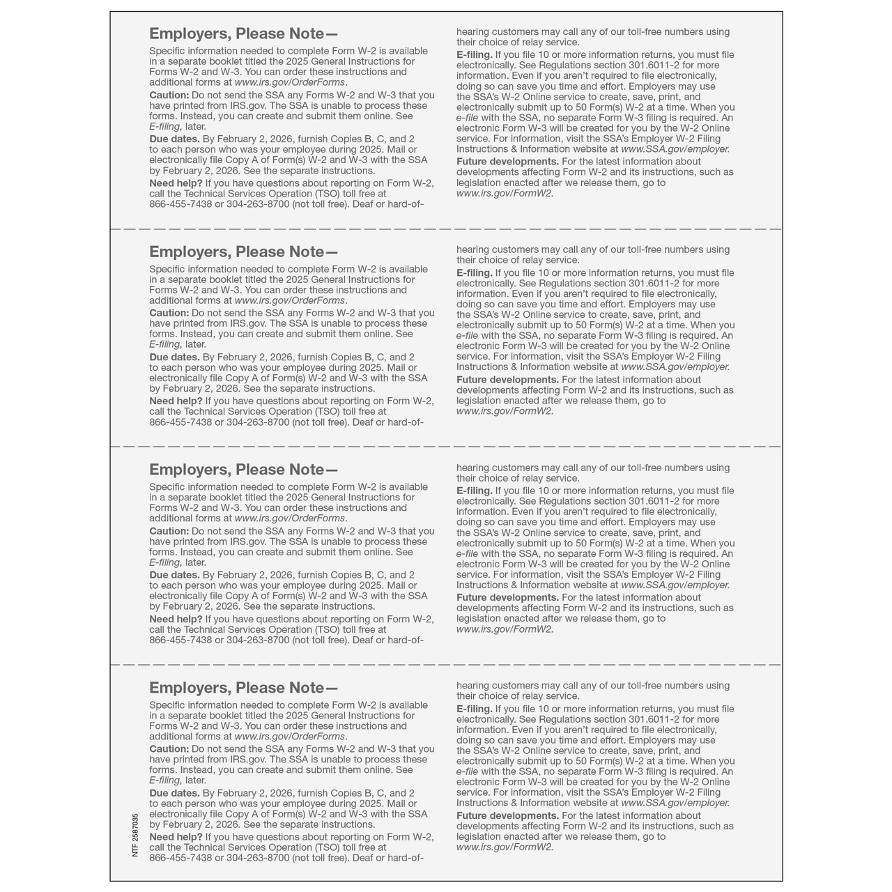 W-2 Employer State, City or Local, Copy 1/D - 4up Horizontal - 25 Qty