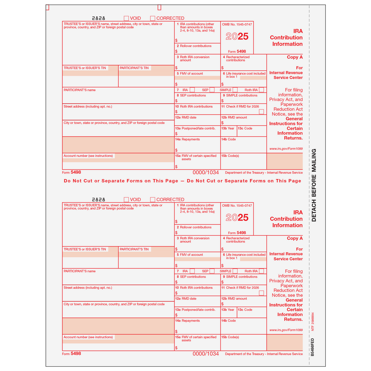Form 5498 IRA Contribution Information Copy A Federal - 25 Qty