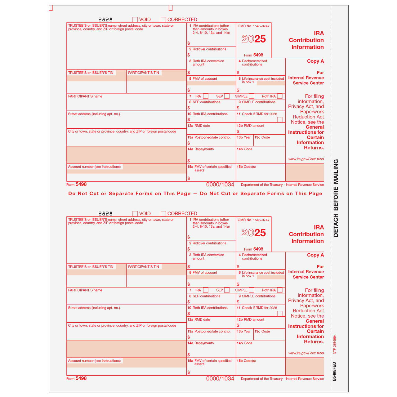 Form 5498 IRA Contribution Information Copy A Federal - 25 Qty