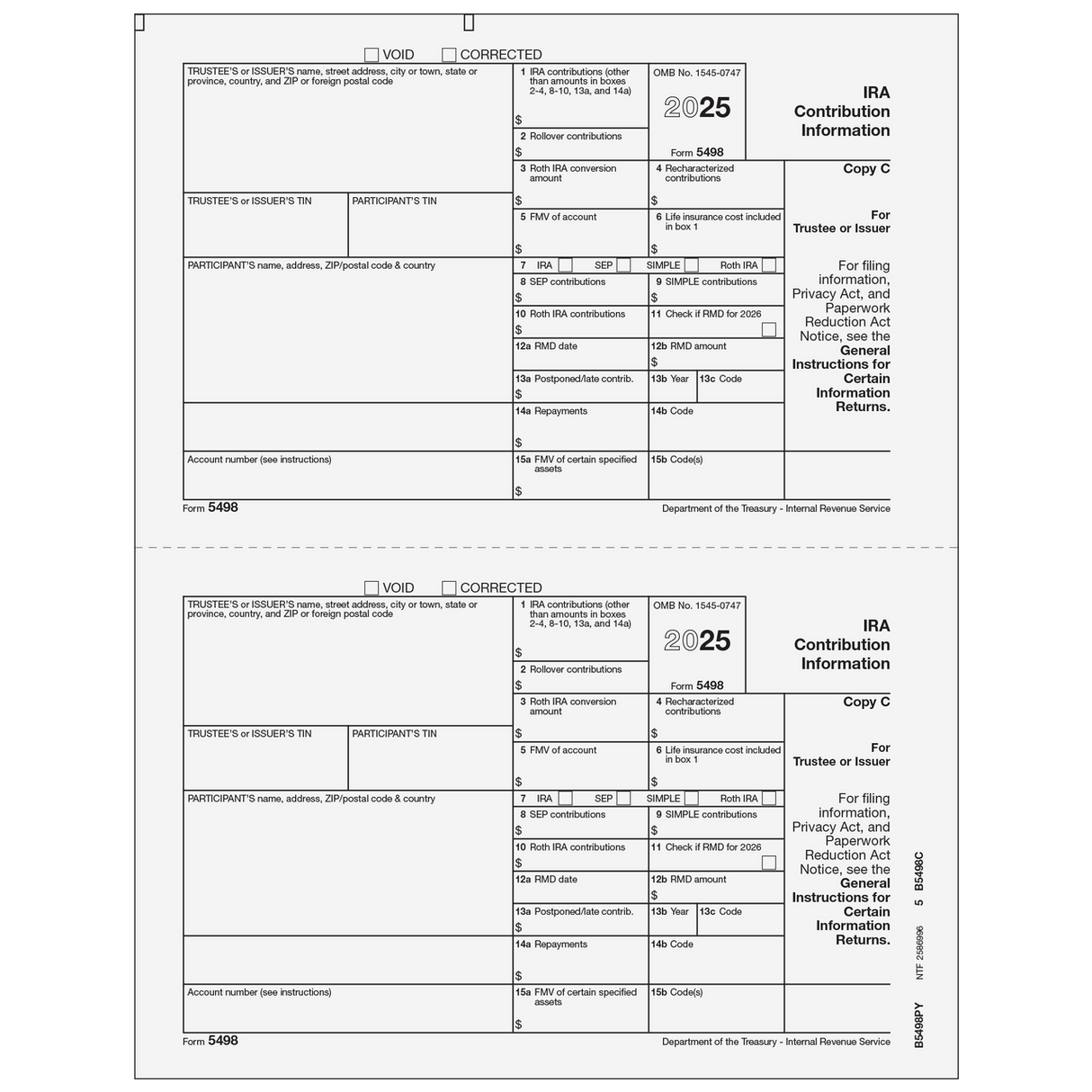 Form 5498 IRA Contribution Information Copy C Trustee/Issuer - 25 Qty