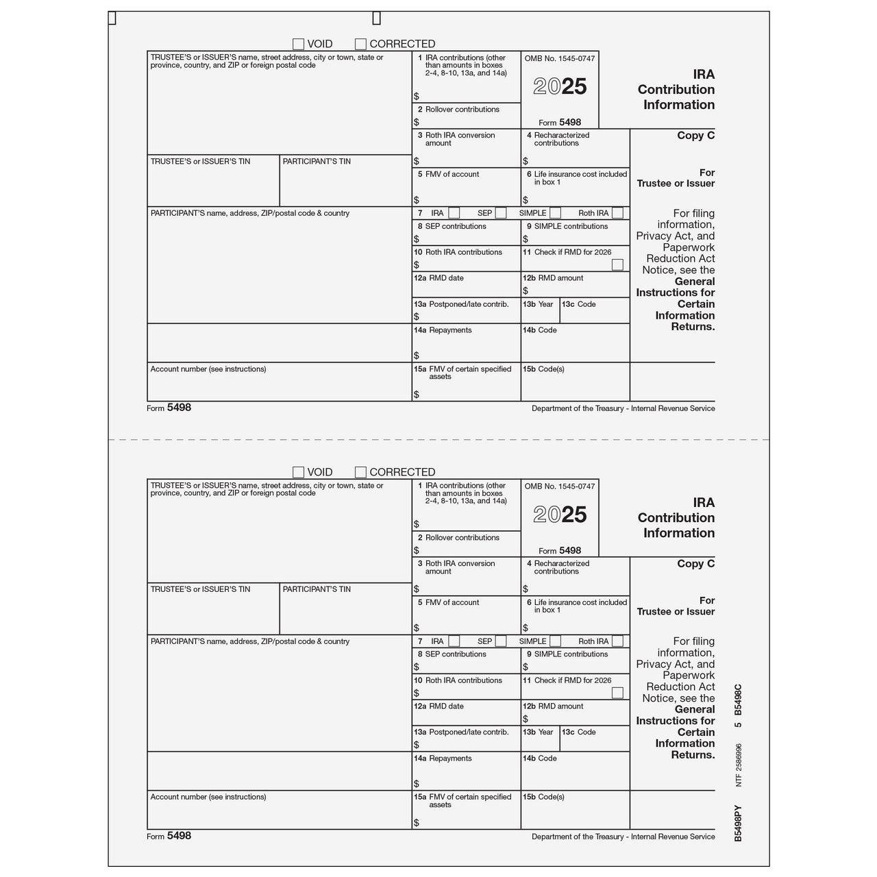 Form 5498 IRA Contribution Information Copy C Trustee/Issuer - 25 Qty