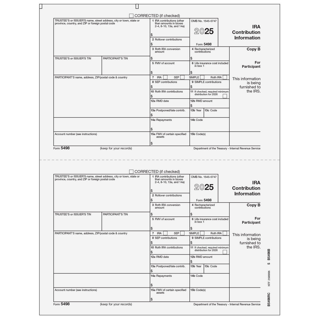 Form 5498 IRA Contribution Information Copy B Participant - 25 Qty