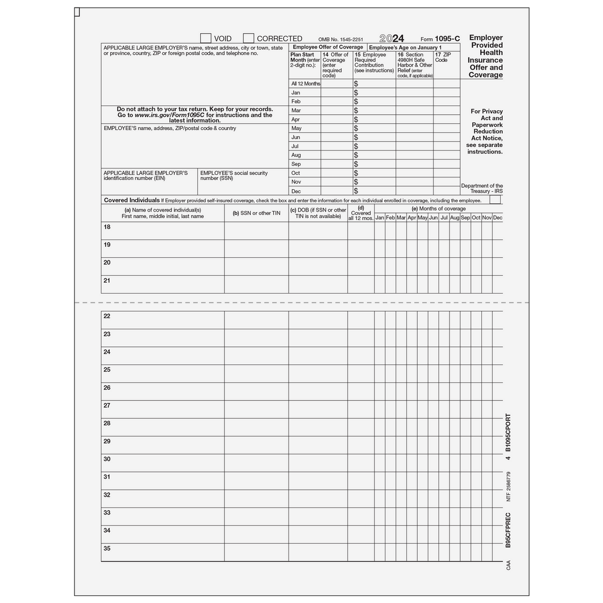 Form 1095-C - Preprinted Full Page (Recipient Copy) - 25 Qty