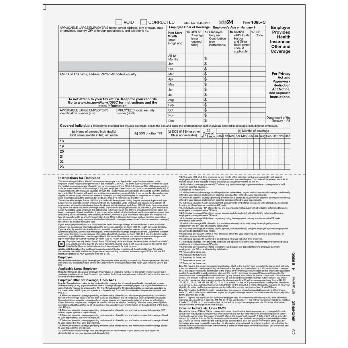 Form 1095-C - Half Page (Recipient Copy) - 25 Qty