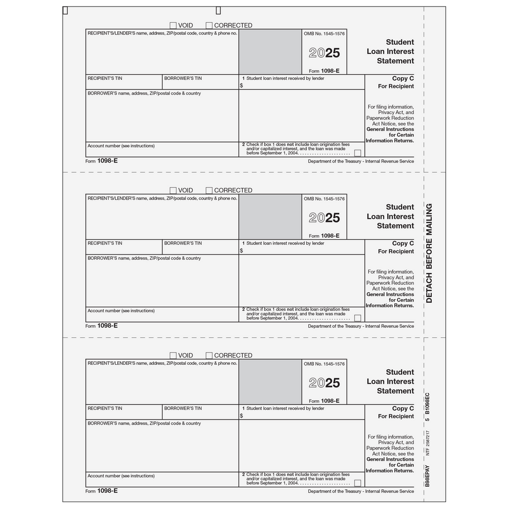 Form 1098-E Student Loan Interest Statement - Copy C Recipient/Lender - 25 Qty