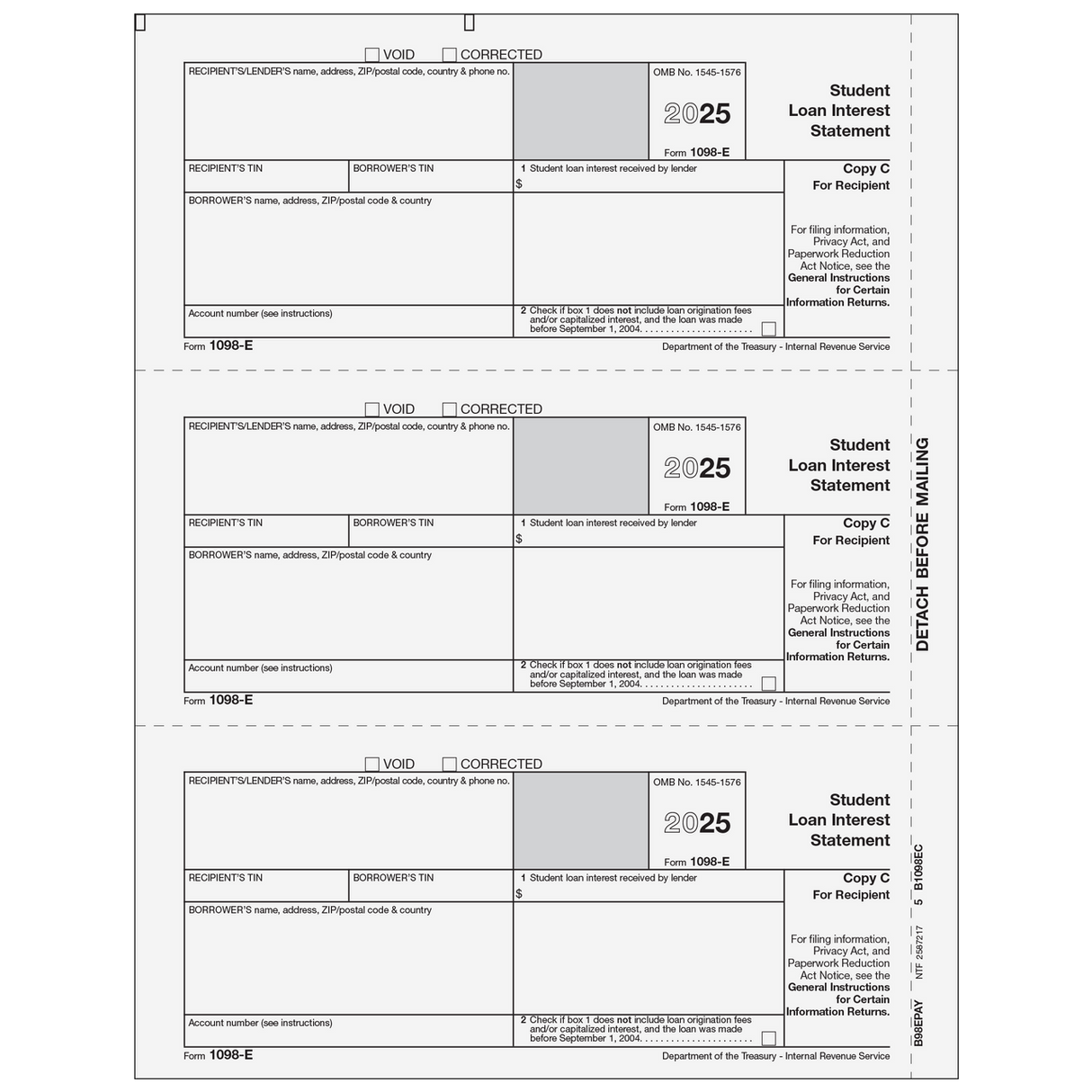 Form 1098-E Student Loan Interest Statement - Copy C Recipient/Lender - 25 Qty