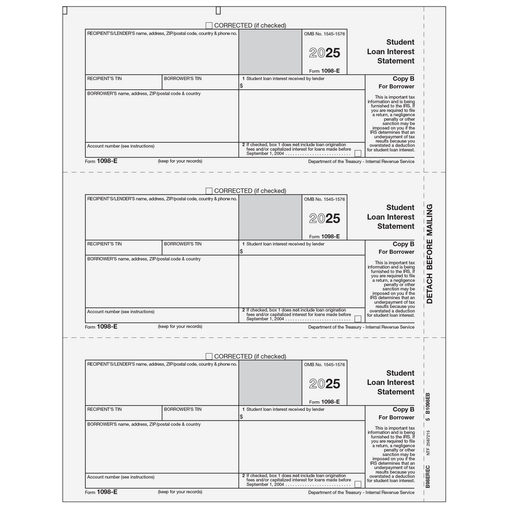 Form 1098-E Student Loan Interest Statement Borrower Copy B - 25 Qty