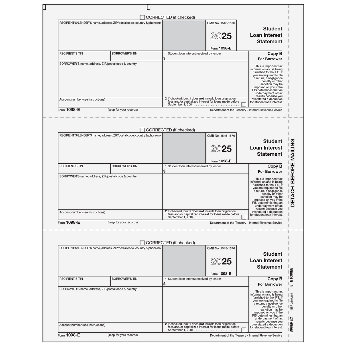 Form 1098-E Student Loan Interest Statement Borrower Copy B - 25 Qty