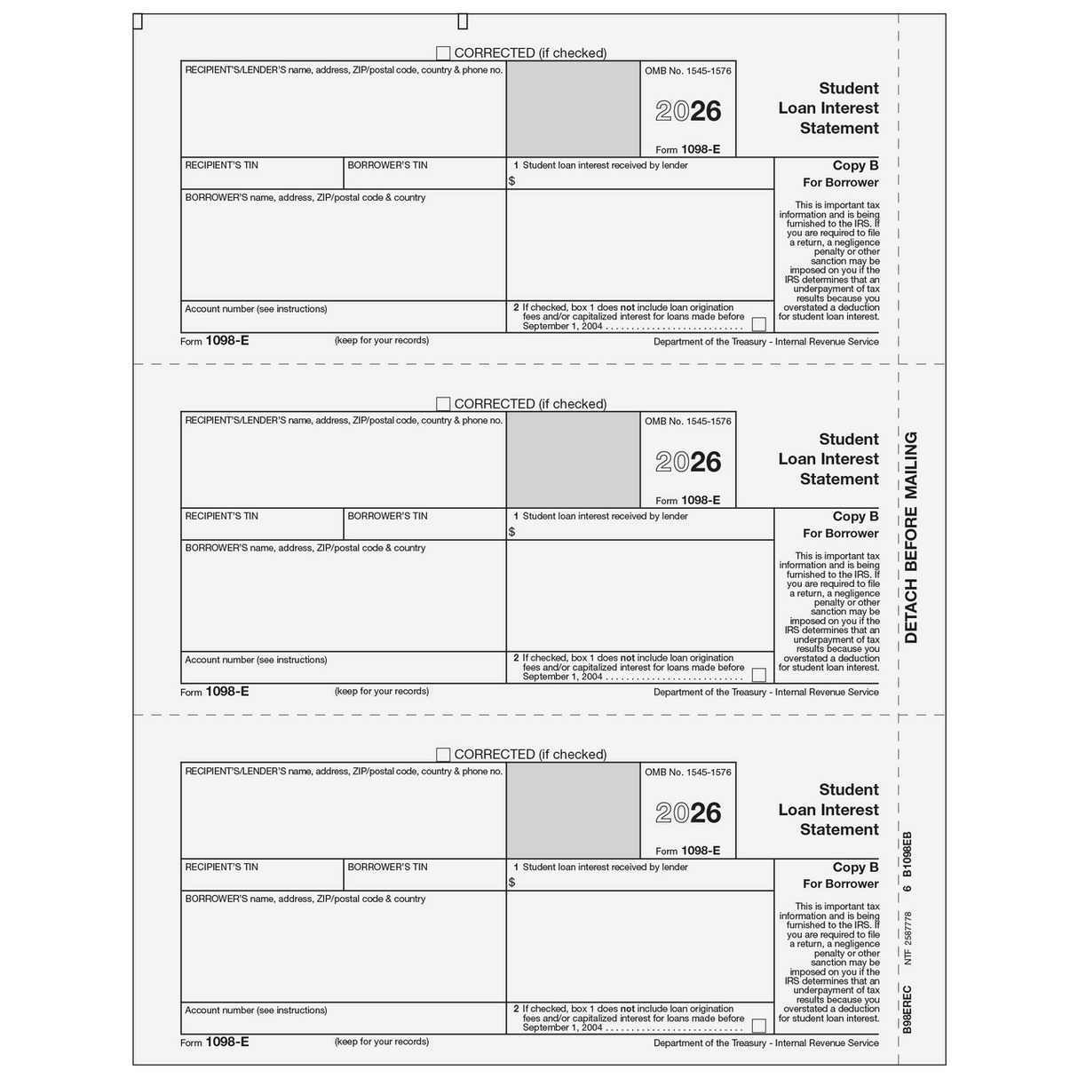 2026 1098-E Borrower Copy B Forms