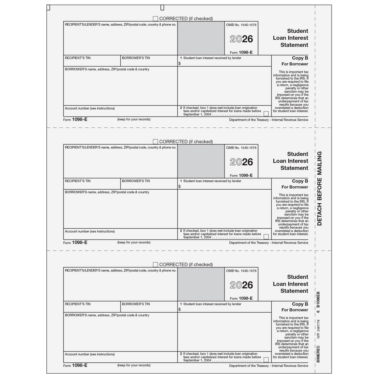 2026 1098-E Borrower Copy B Forms