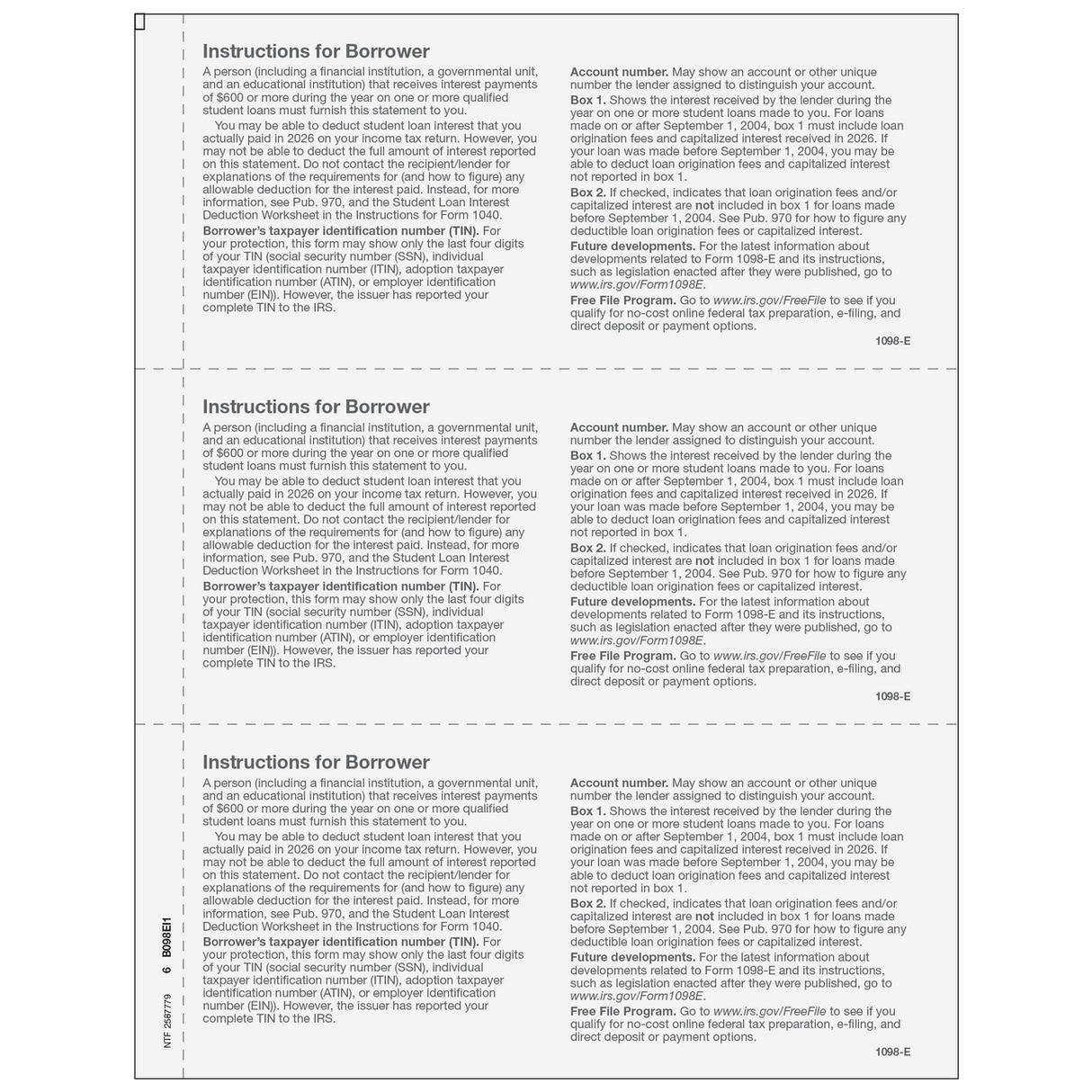 2026 1098-E Borrower Copy B Forms – Back View
