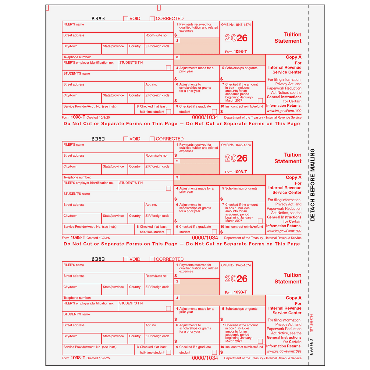 2026 1098-T Federal Copy A Forms