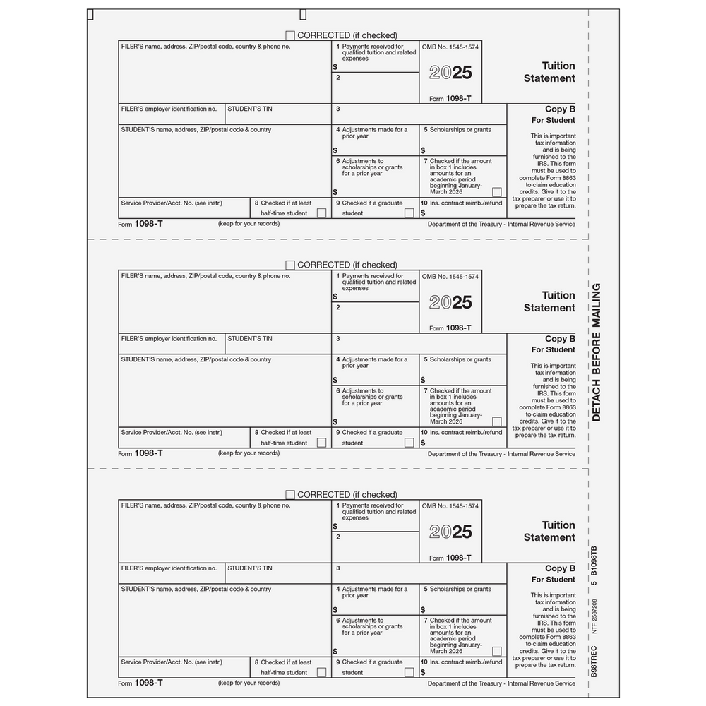 Form 1098-T Tuition Statement - Copy B Student - 25 Qty