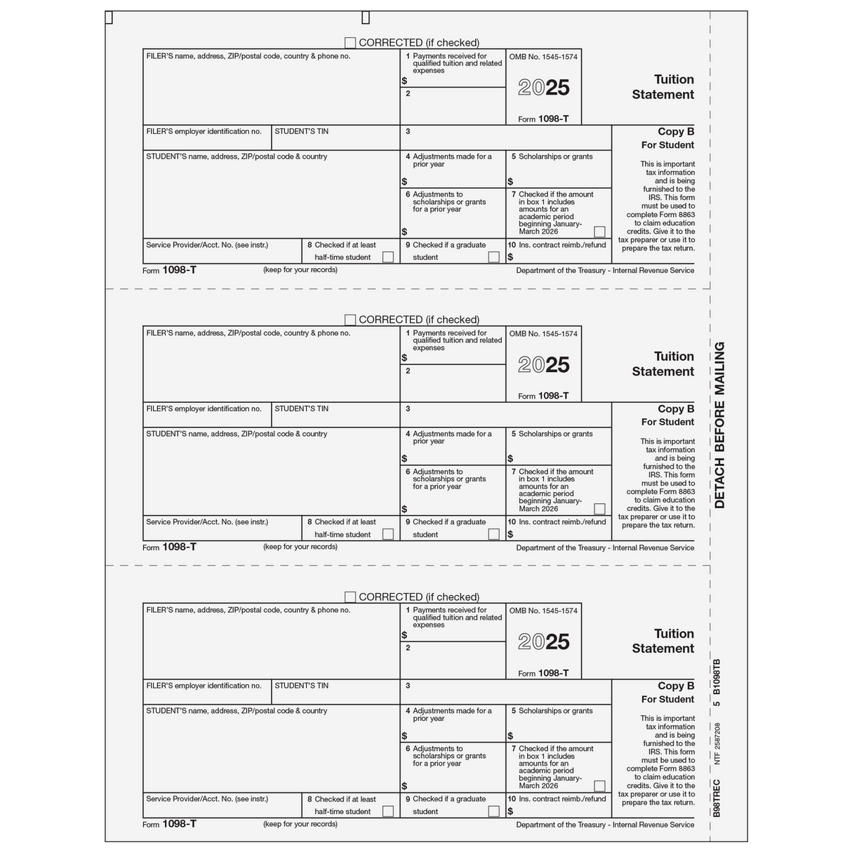 Form 1098-T Tuition Statement - Copy B Student - 25 Qty