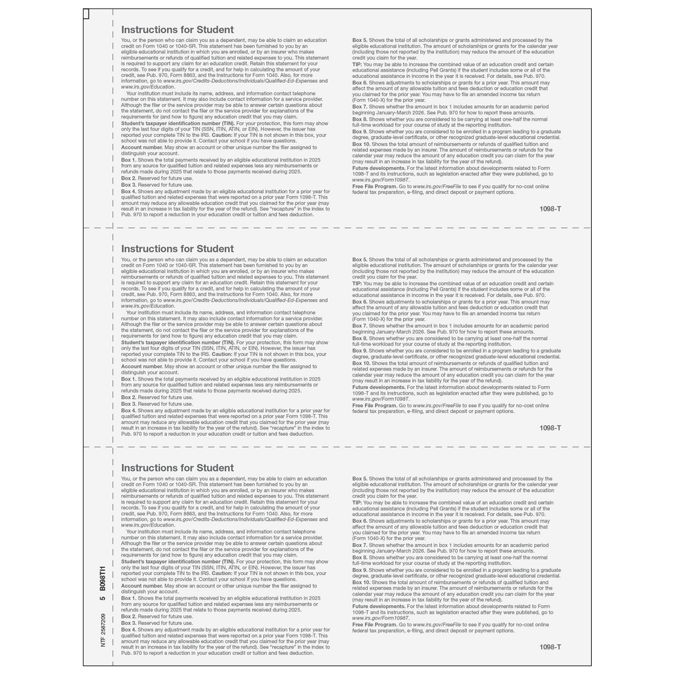 Form 1098-T Tuition Statement - Copy B Student - 25 Qty