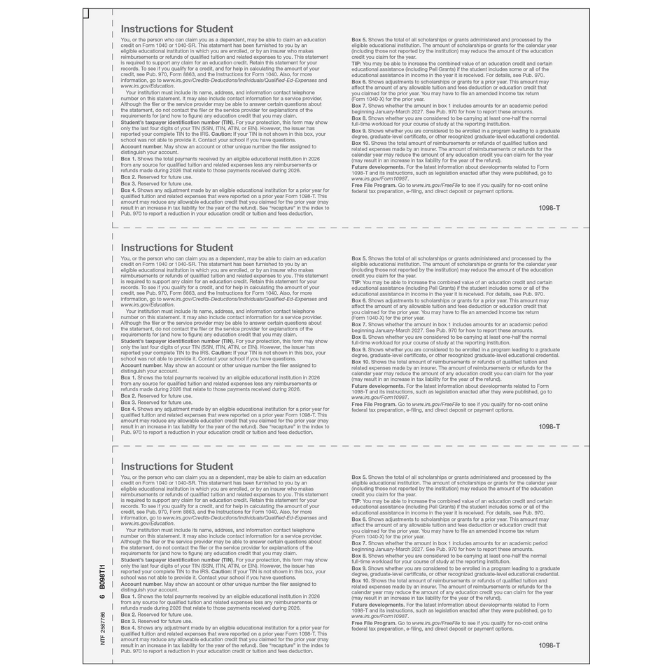 2026 1098-T Student Copy B Forms – Back View